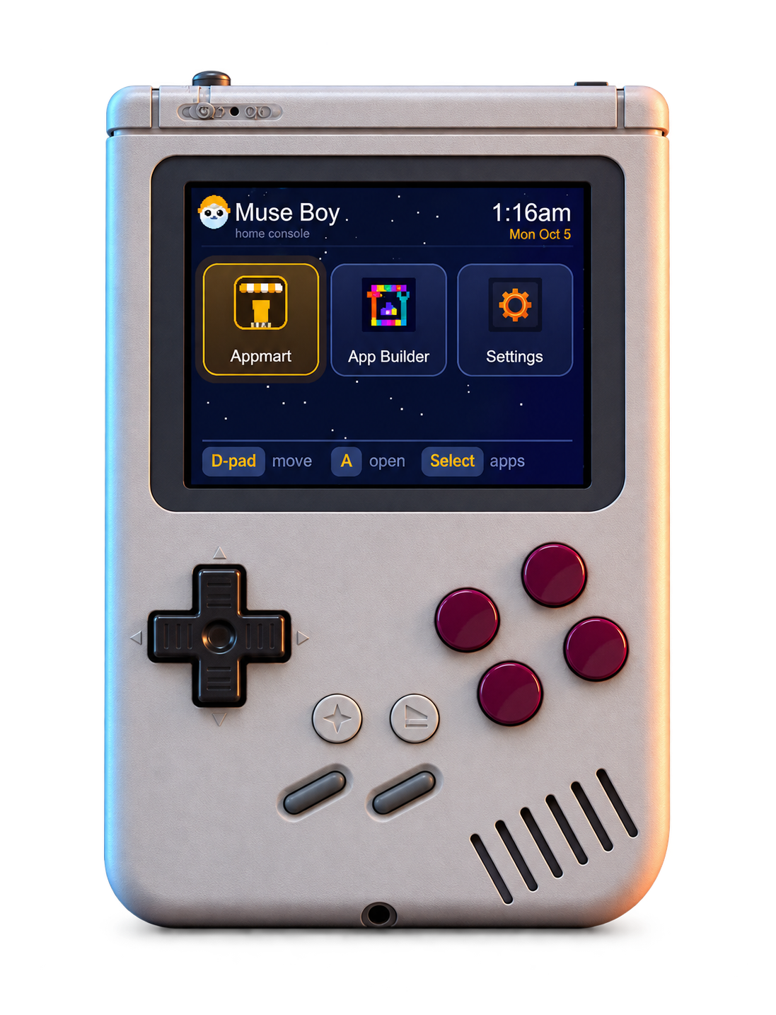 Muse Boy handheld with its app screen open